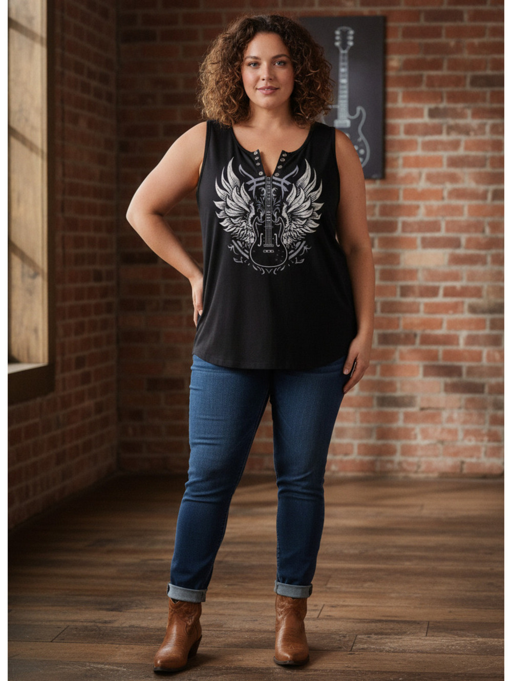 1559 - Black Sleeveless Graphic Tank Top with Guitar and Wings Design - XXL